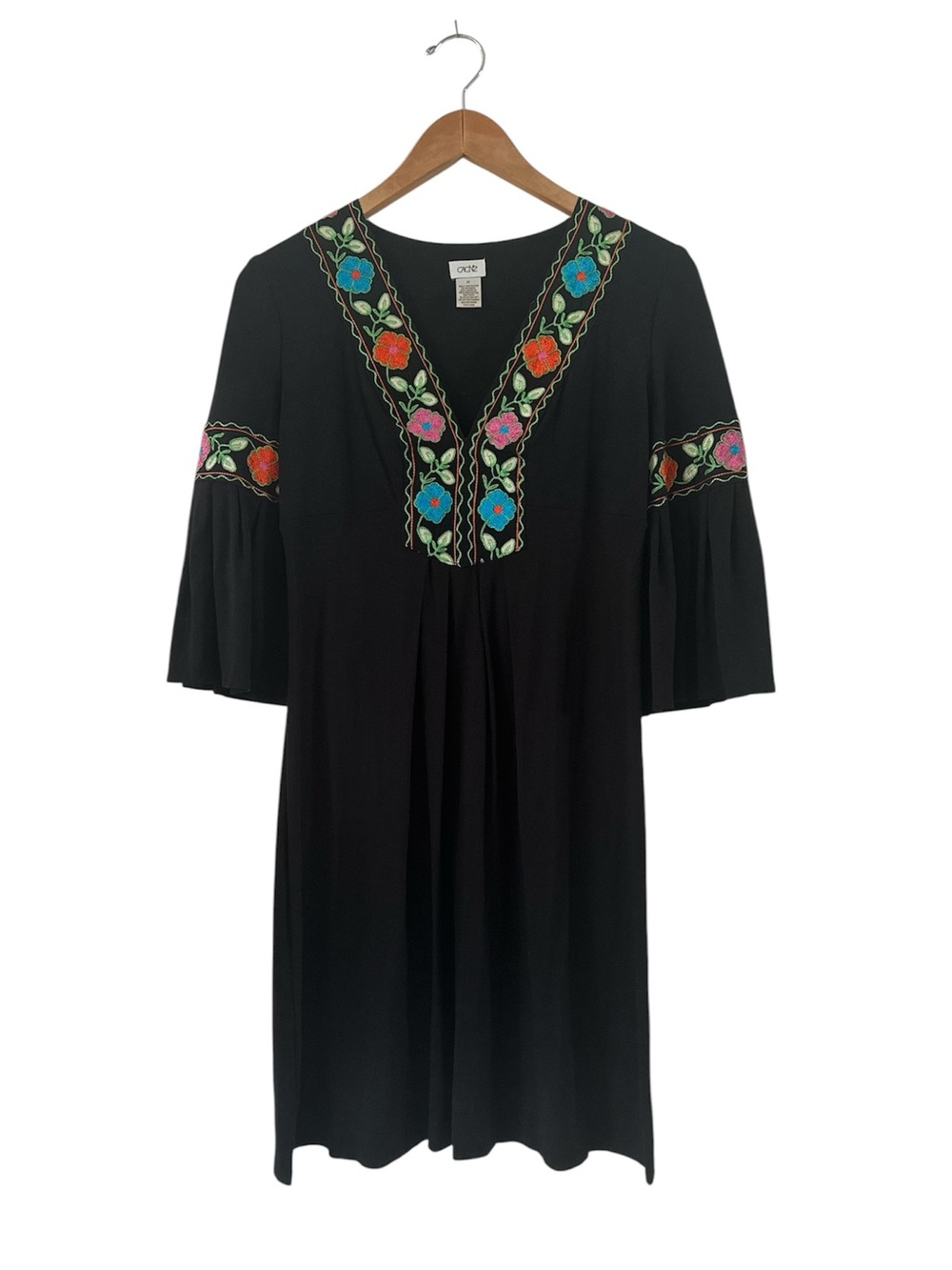 Cache Black Embroidered V-Neck Dress with Floral Trim Like New sz M